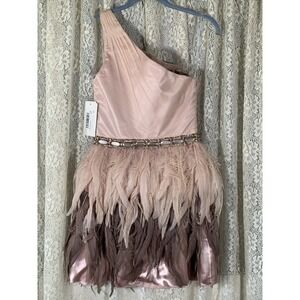 Jovani Asymmetrical Feathered Mini Dress in Cream and Brown